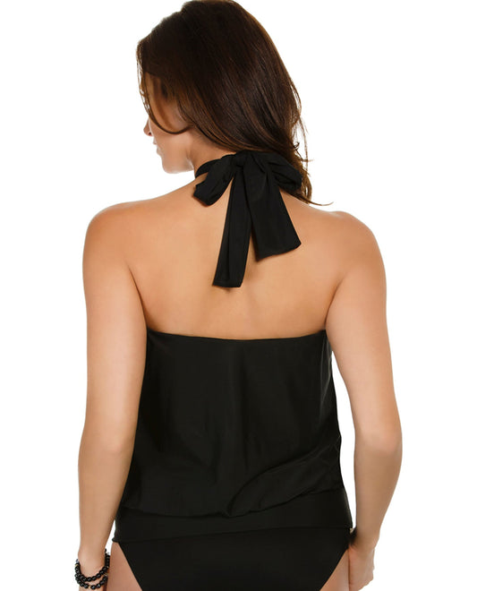 Back View Of Miraclesuit Black Mojito Halter Blouson Underwire Tankini Top | MIR Black