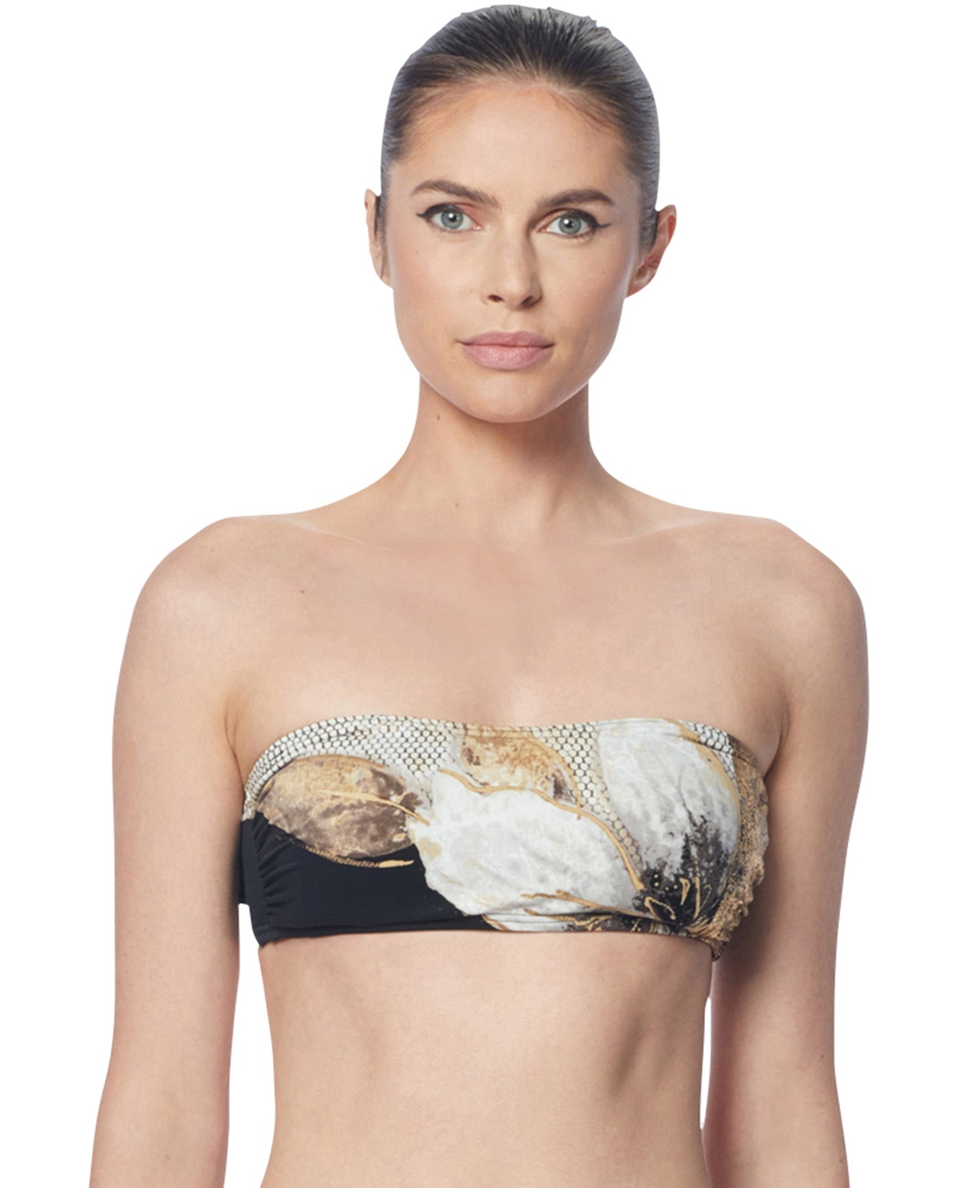 Front View Of Carmen Marc Valvo Gilded Garden Bandeau Bikini Top | CMV GILDED GARDEN BLACK