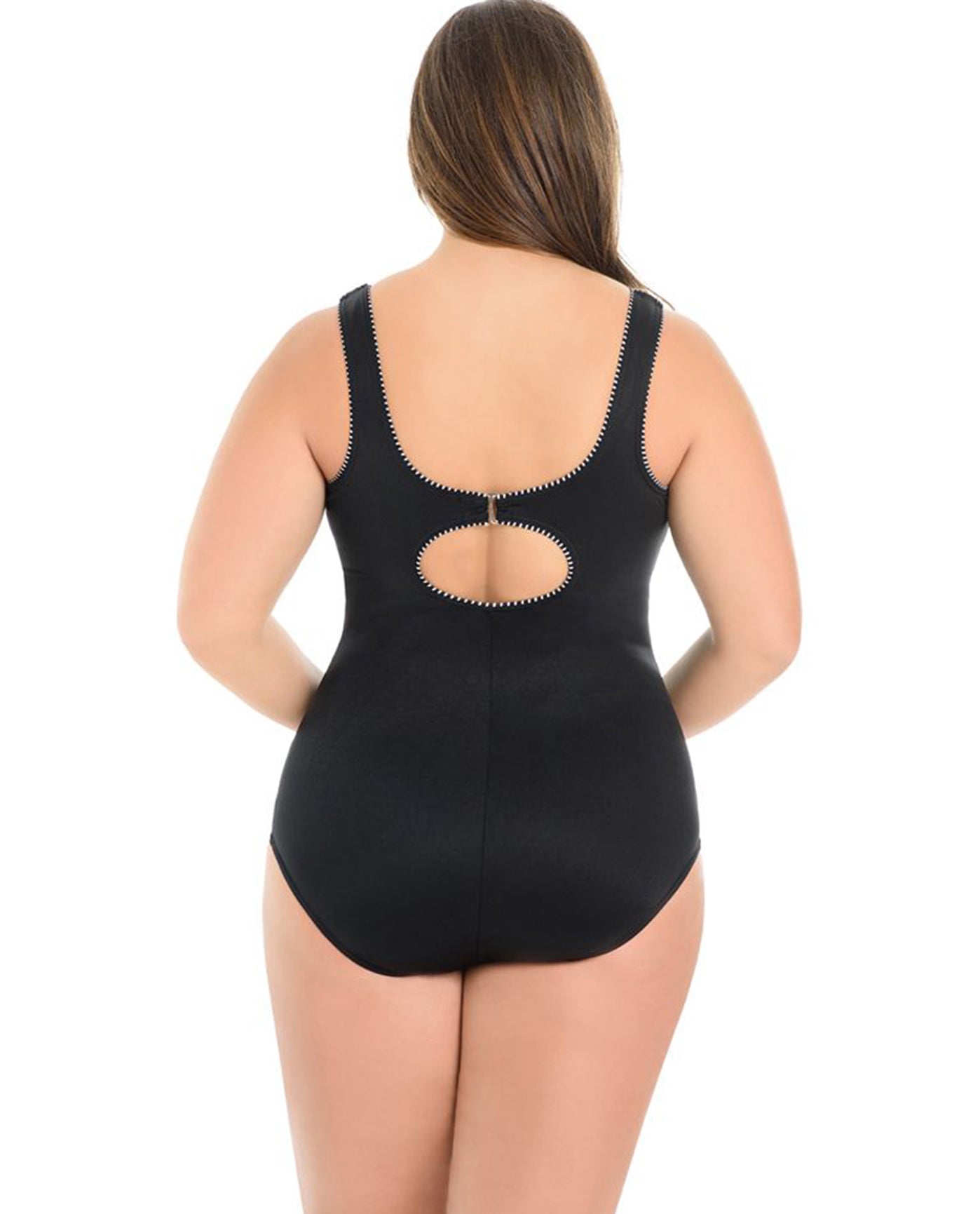 Back View Of Miraclesuit White Colorblock Plus Size Touche Underwire One Piece Swimsuit | MIR Black White