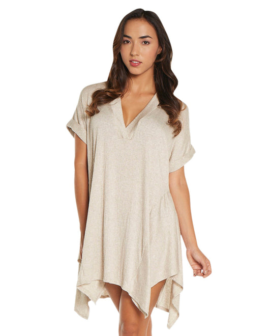 Front View Of Elif Taupe Corbel V-Neck Shirt Dress | ELF TAUPE