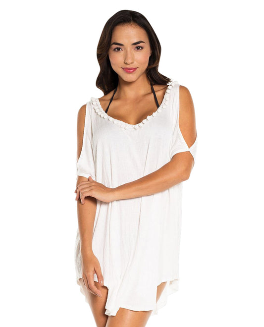 Front View Of Elif Corbel Ivory Pom Pom Cold Shoulder Tunic | ELF WHITE
