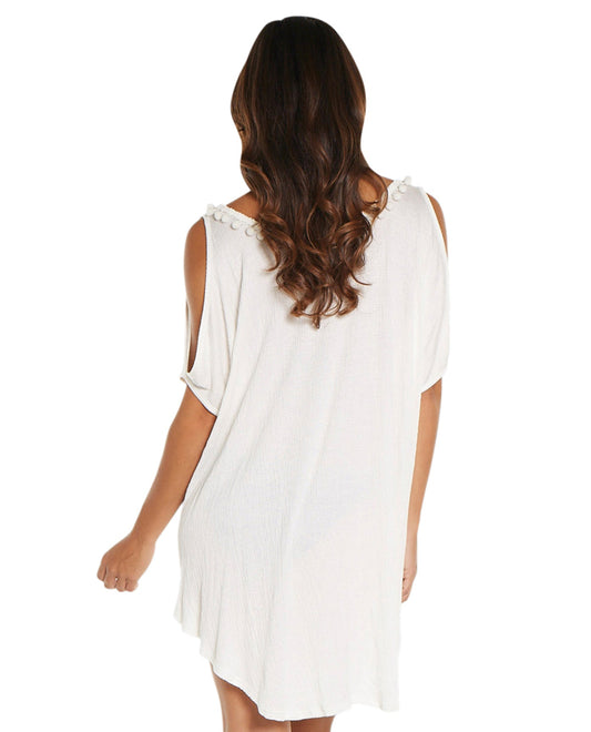 Back View Of Elif Corbel Ivory Pom Pom Cold Shoulder Tunic | ELF WHITE