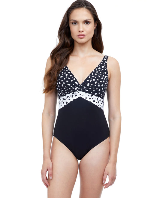 Front View Of Profile by Gottex Dotty Black and White Underwire V-Neck One Piece Swimsuit | PRO DOTTY