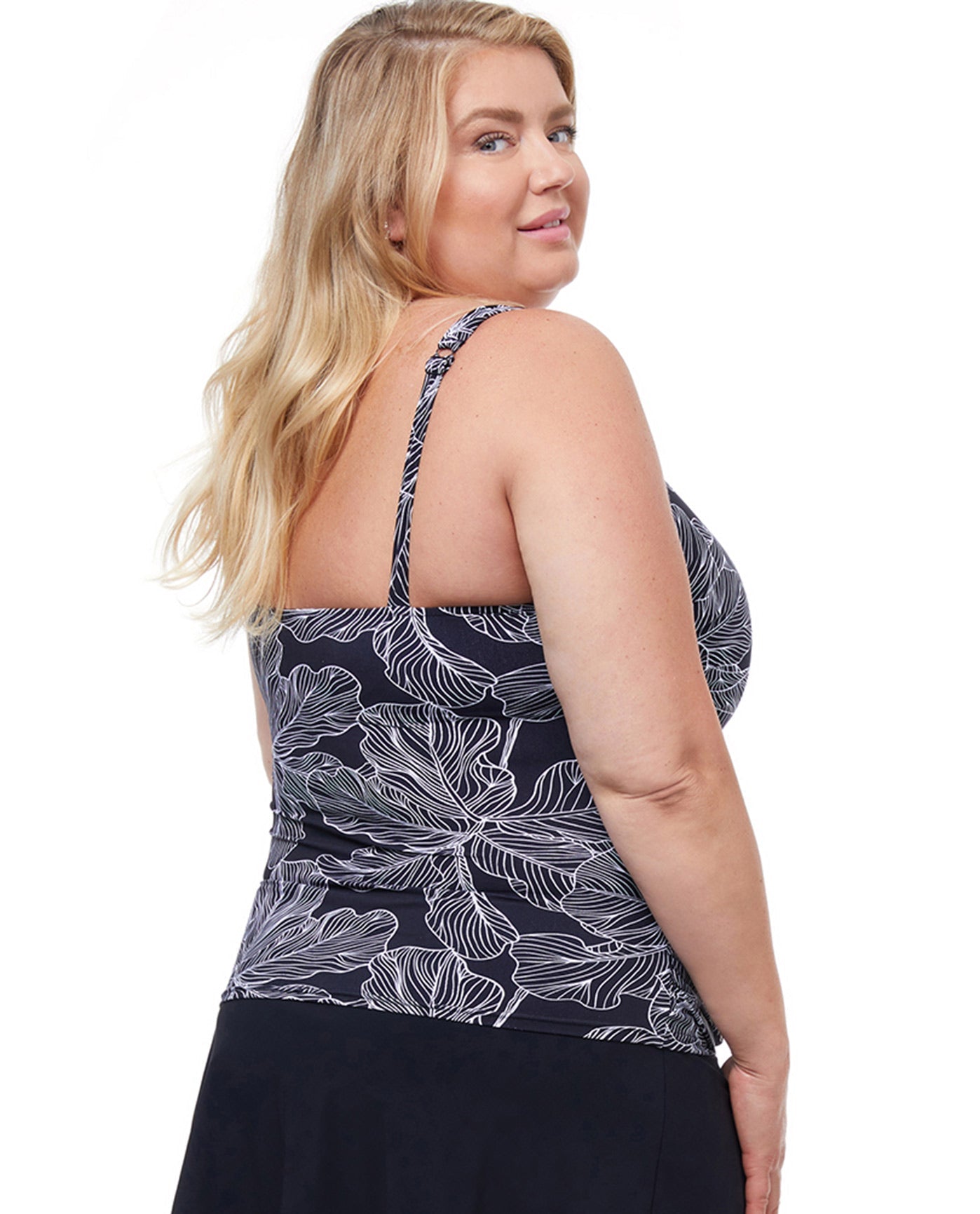 Back View Of Profile by Gottex Soiree Black & White Plus Size Shirred Underwire Tankini Top | PRO SOIREE