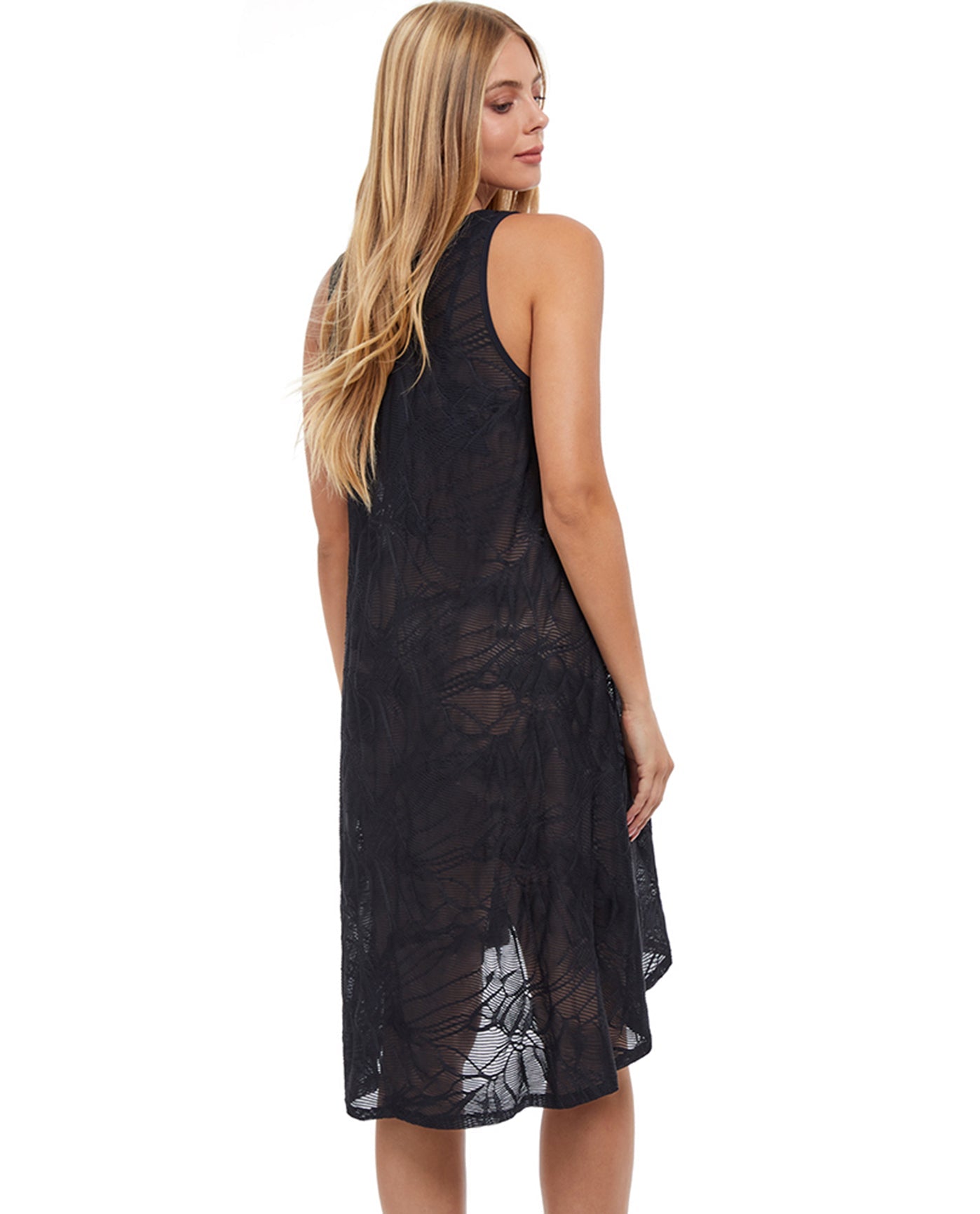 Back View Of Profile by Gottex Sheer Pleasure High Low Mesh Beach Dress Cover Up | PRO SHEER PLEASURE BLACK