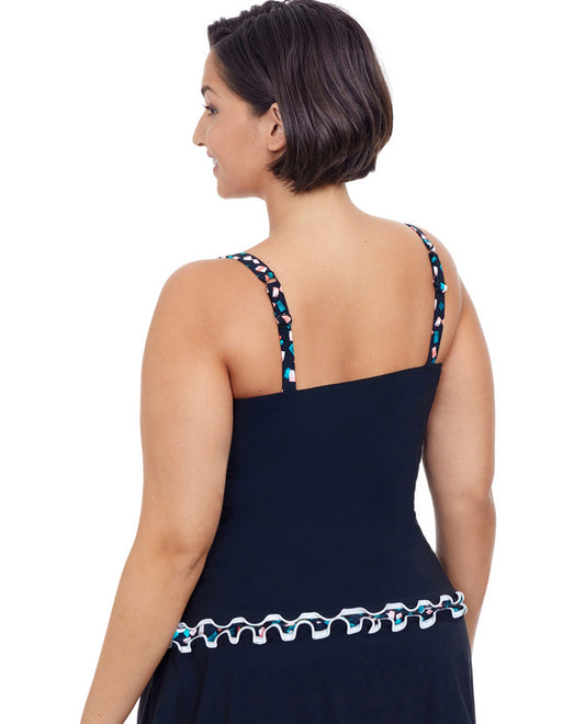 Back View Of Profile by Gottex Gin Fizz Black Plus Size Shirred Underwire Tankini Top | PRO GIN FIZZ BLACK
