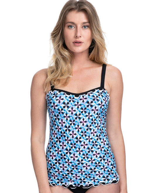 Front View Of Profile by Gottex Pinwheel Blue D-Cup Scoop Neck Shirred Underwire Tankini Top | PRO PINWHEEL