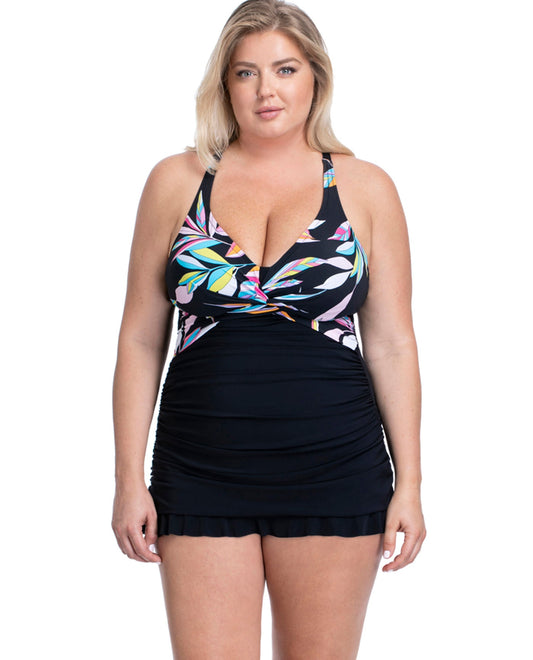 Front View Of Profile by Gottex Paparazzi Black Plus Size Halter Cross Back Underwire Swimdress | PRO PAPARAZZI