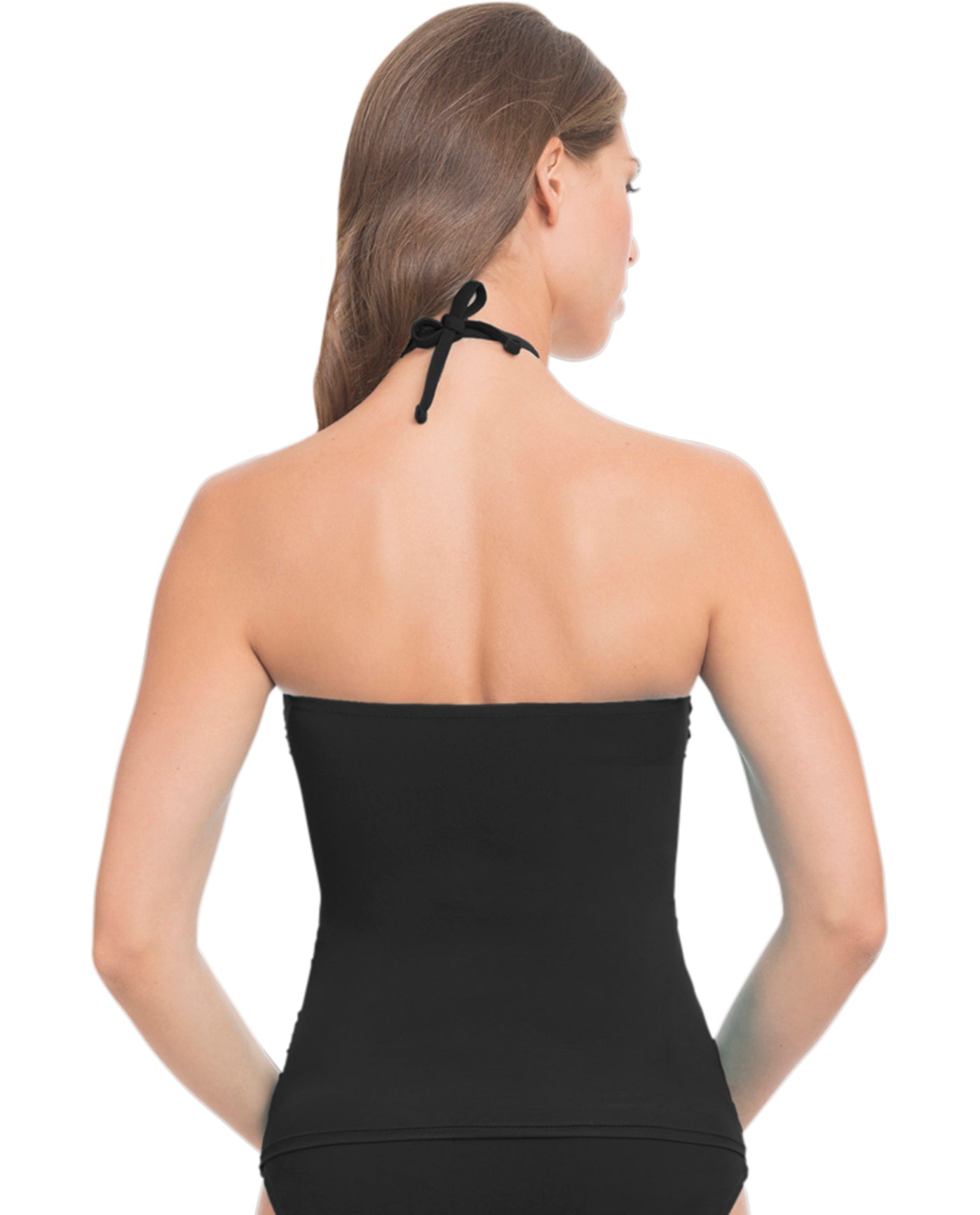 Back View Of Profile by Gottex Swan Lake Shirred Bandeau Tankini Top | PRO SWAN LAKE BLACK