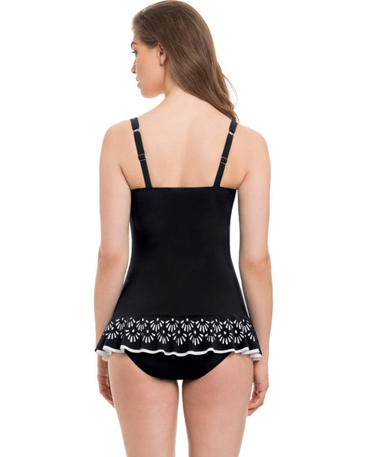 Back View Of Profile by Gottex Tutti Frutti Laser Cut Black Underwire D-Cup Swimdress | PRO TUTTI FRUTTI BLACK