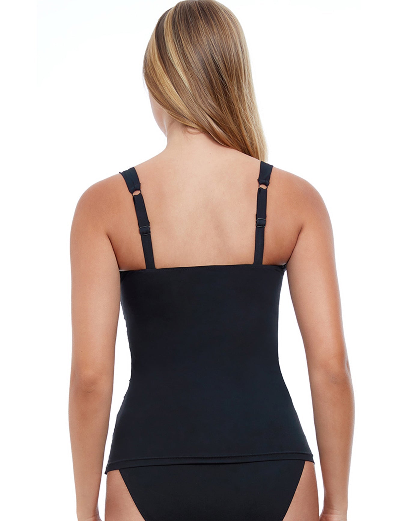 Back View Of PROFILE BY GOTTEX TUTTI FRUTTI D-CUP SCOOP NECK SHIRRED UNDERWIRE TANKINI TOP | PRO TUTTI FRUTTI BLACK