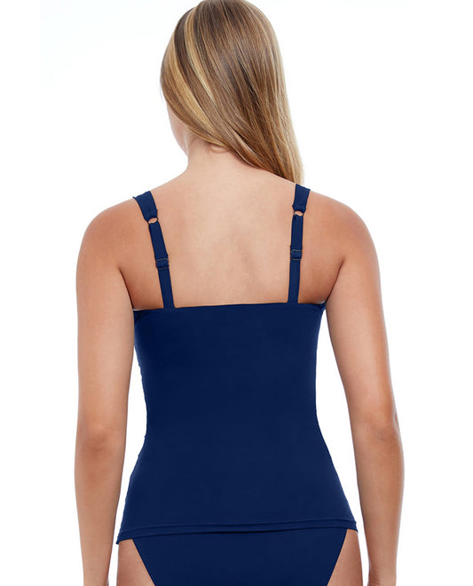 Back View Of PROFILE BY GOTTEX TUTTI FRUTTI BLUE F-CUP SCOOP NECK SHIRRED UNDERWIRE TANKINI TOP | PRO TUTTI FRUTTI NAVY