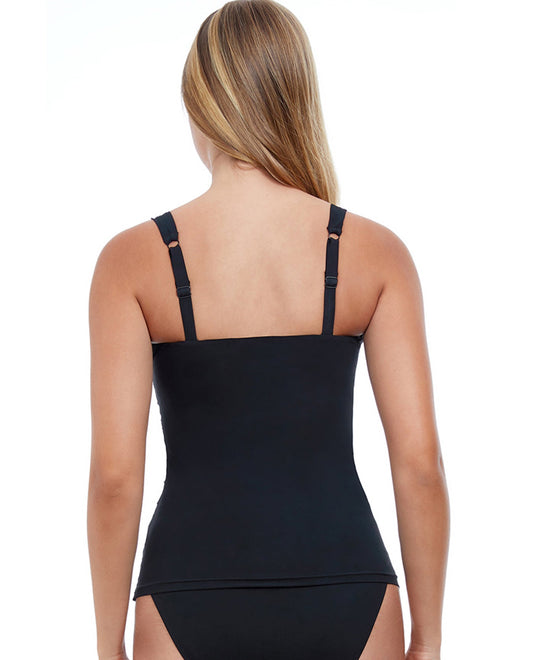 BACK VIEW OF PROFILE BY GOTTEX TUTTI FRUTTI G-CUP SCOOP NECK SHIRRED UNDERWIRE TANKINI TOP | PRO TUTTI FRUTTI BLACK