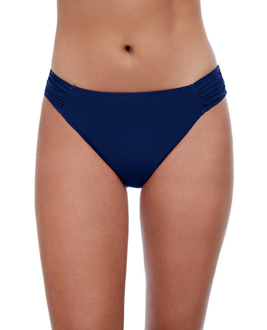 FRONT VIEW OF PROFILE BY GOTTEX TUTTI FRUTTI SIDE TAB HIPSTER BIKINI BOTTOM | PRO TUTTI FRUTTI NAVY