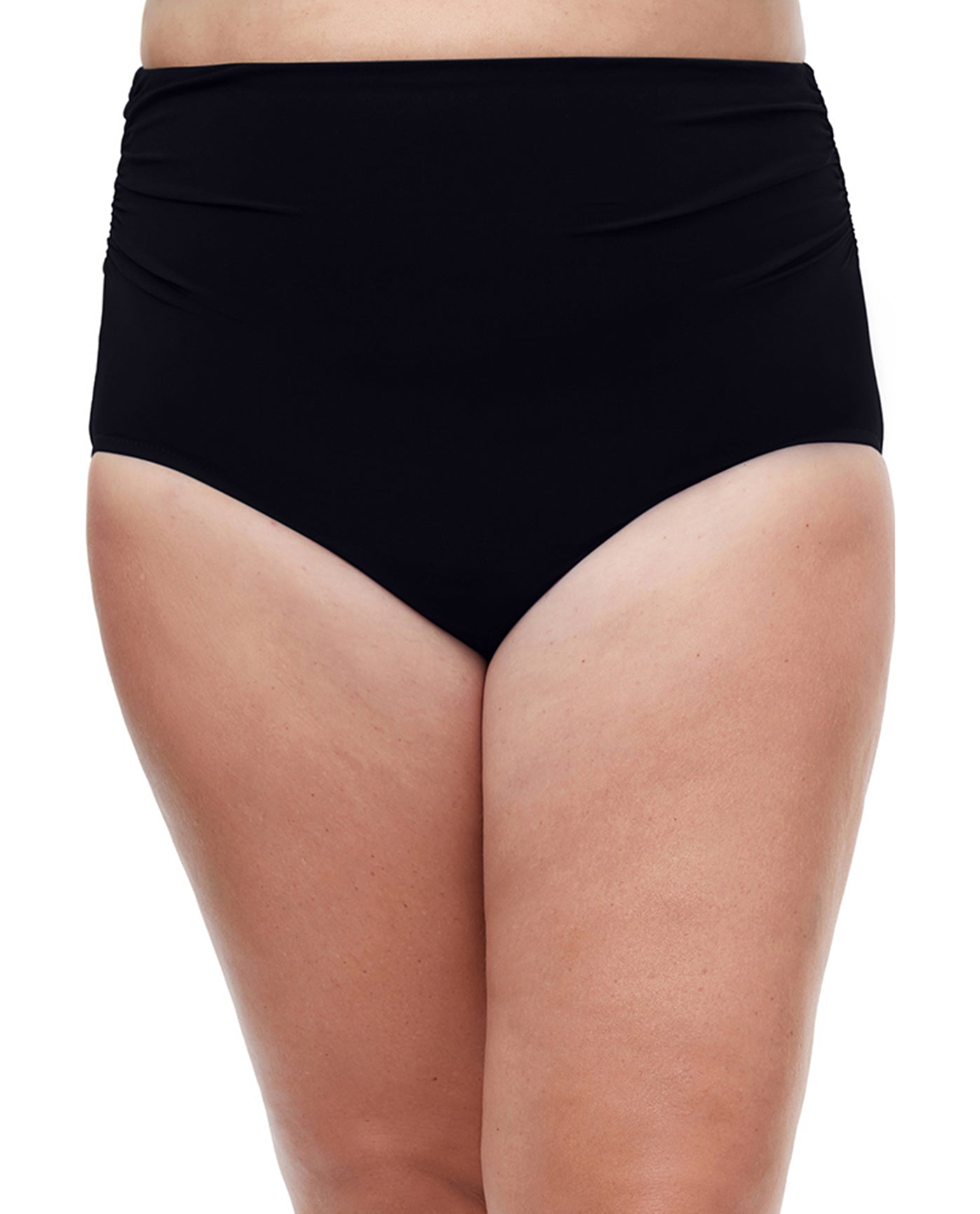 FRONT VIEW OF PROFILE BY GOTTEX TUTTI FRUTTI SIDE SHIRRED HIGH WAIST TANKINI BOTTOM | PRO TUTTI FRUTTI BLACK