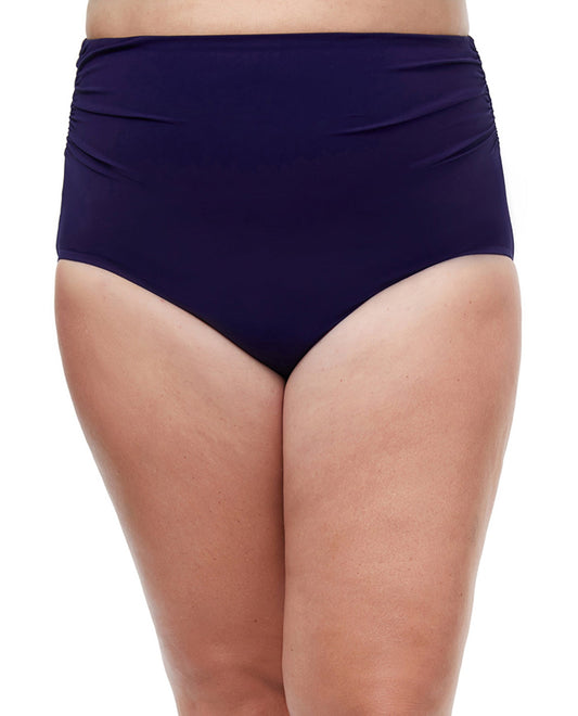 FRONT VIEW OF PROFILE BY GOTTEX TUTTI FRUTTI SIDE SHIRRED HIGH WAIST TANKINI BOTTOM | PRO TUTTI FRUTTI NAVY