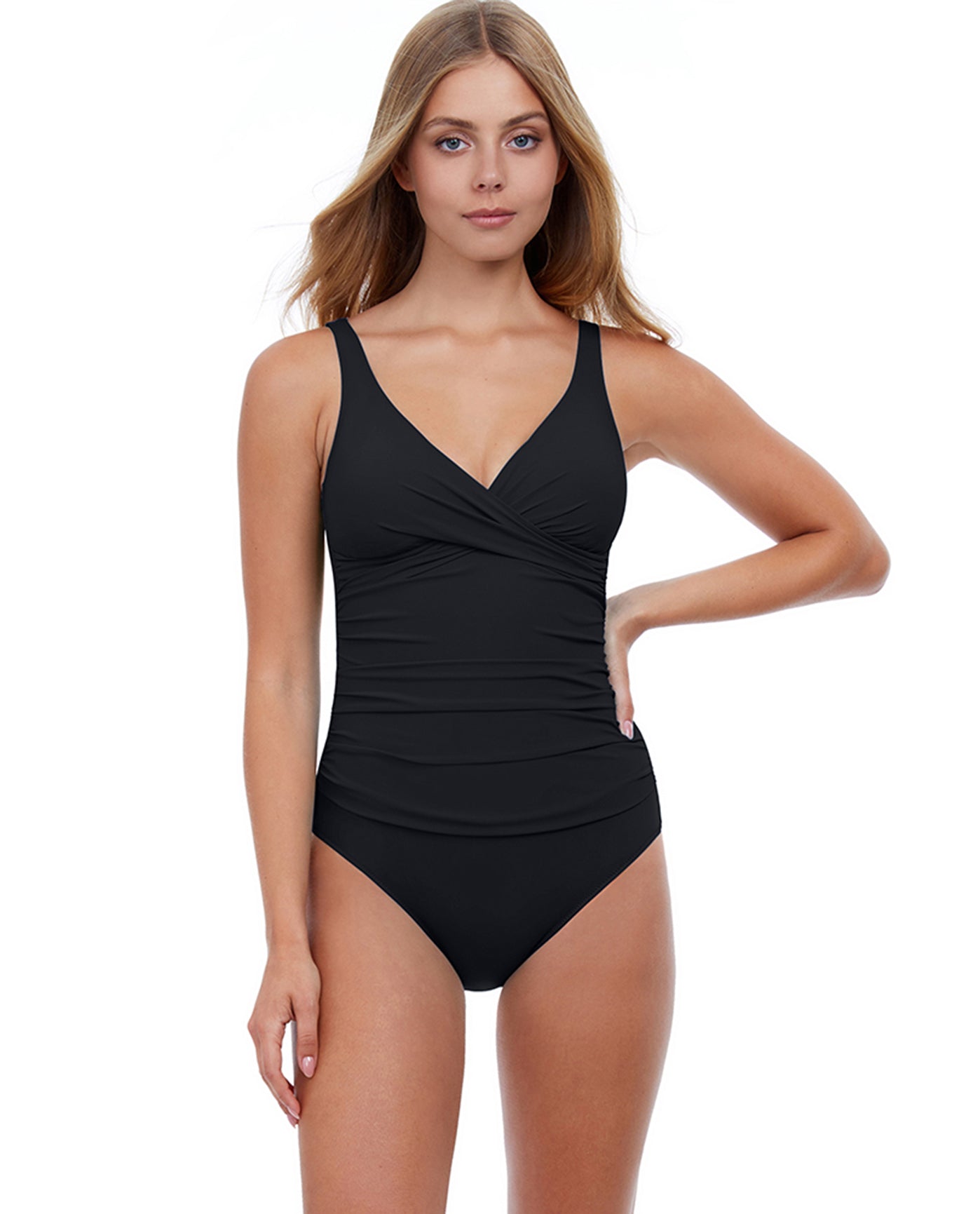 FRONT VIEW OF PROFILE BY GOTTEX TUTTI FRUTTI V-NECK CROSS OVER SURPLICE ONE PIECE SWIMSUIT | PRO TUTTI FRUTTI BLACK