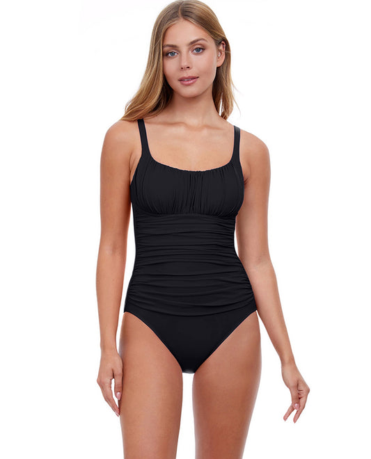 Front View Of PROFILE BY GOTTEX TUTTI FRUTTI PEASANT SHIRRED ONE PIECE SWIMSUIT | PRO TUTTI FRUTTI BLACK