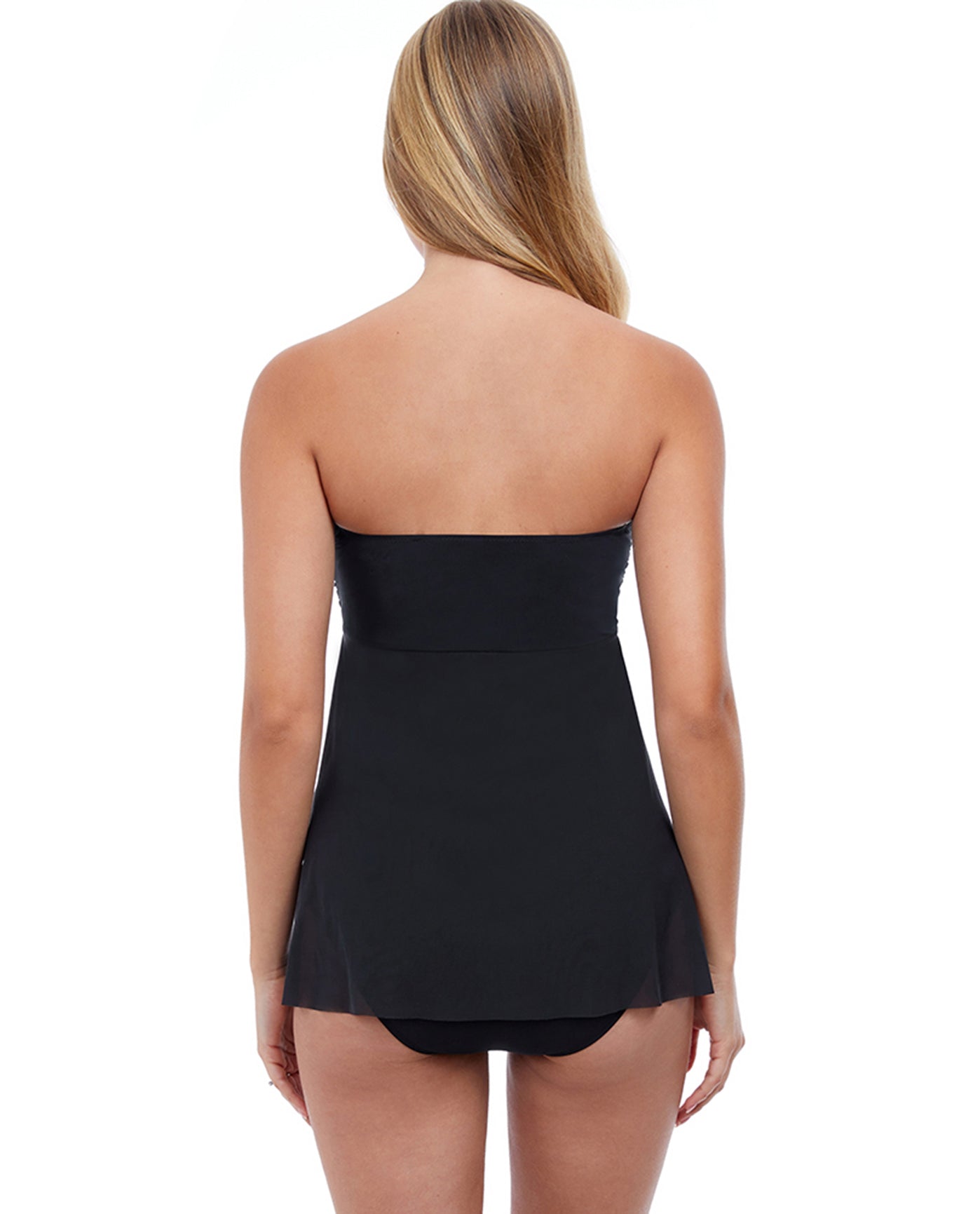 BACK VIEW OF PROFILE BY GOTTEX TUTTI FRUTTI TWIST FRONT BANDEAU STRAPLESS FLYAWAY ONE PIECE SWIMSUIT | PRO TUTTI FRUTTI BLACK