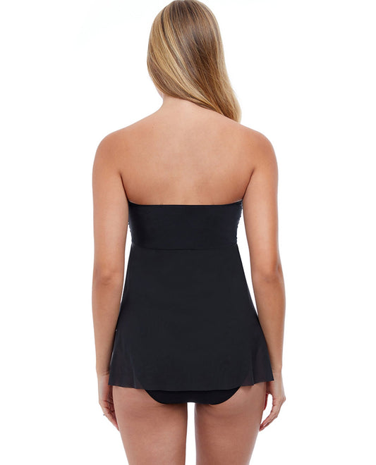 BACK VIEW OF PROFILE BY GOTTEX TUTTI FRUTTI TWIST FRONT BANDEAU STRAPLESS FLYAWAY ONE PIECE SWIMSUIT | PRO TUTTI FRUTTI BLACK