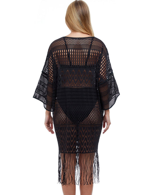 BACK VIEW OF PROFILE BY GOTTEX TUTTI FRUTTI OPEN FRONT V-NECK CROCHET DRESS | PRO TUTTI FRUTTI BLACK
