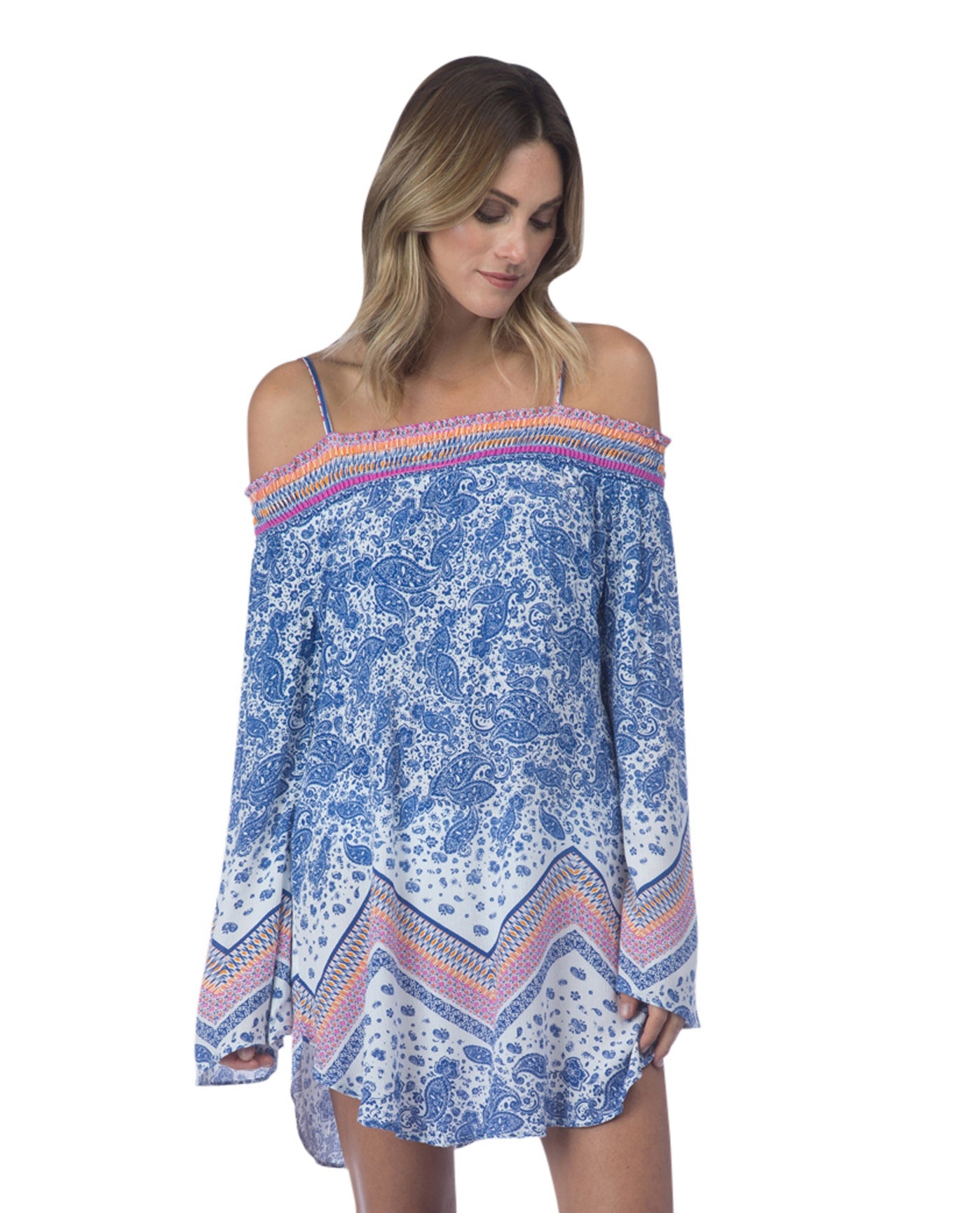 Front View Of Green Dragon Paisley Scarf Off The Shoulder Tunic | GRE PAISLEY