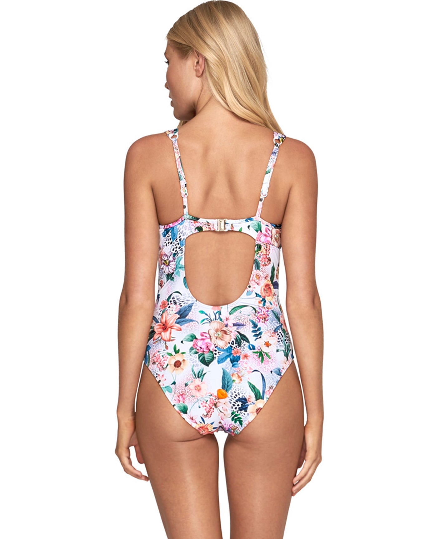 Back View Of JETS Australia Plunge V-Neck One Piece Swimsuit | JET FEMME FLORAL