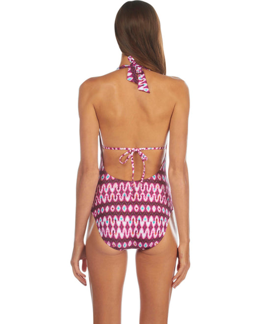 Back View Of Kenneth Cole Berry Ikat in the Act V-Plunge Halter One Piece Swimsuit | KKC Berry