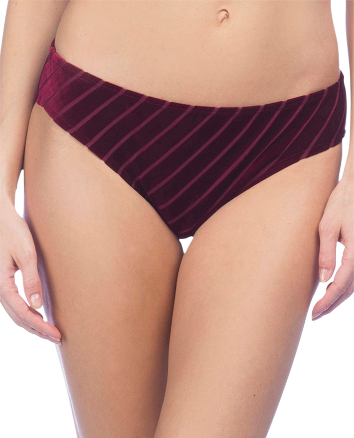 Front View Of Kenneth Cole Burgundy Velvet Stripe Hipster Bikini Bottom | KKC Burgundy Velvet