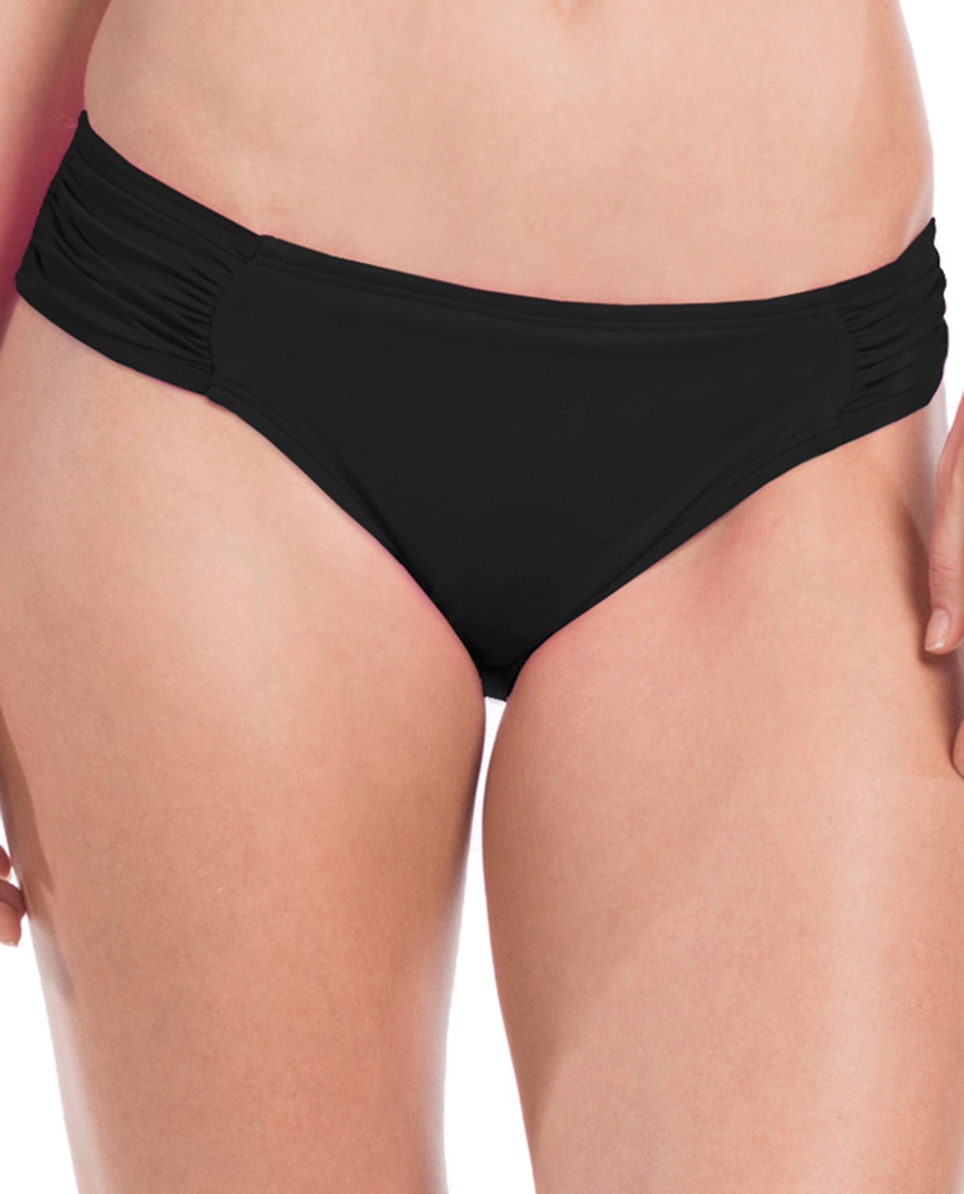 Front View Of La Blanca Island Goddess Side Shirred Hipster Tankini Bottom | LAB Black