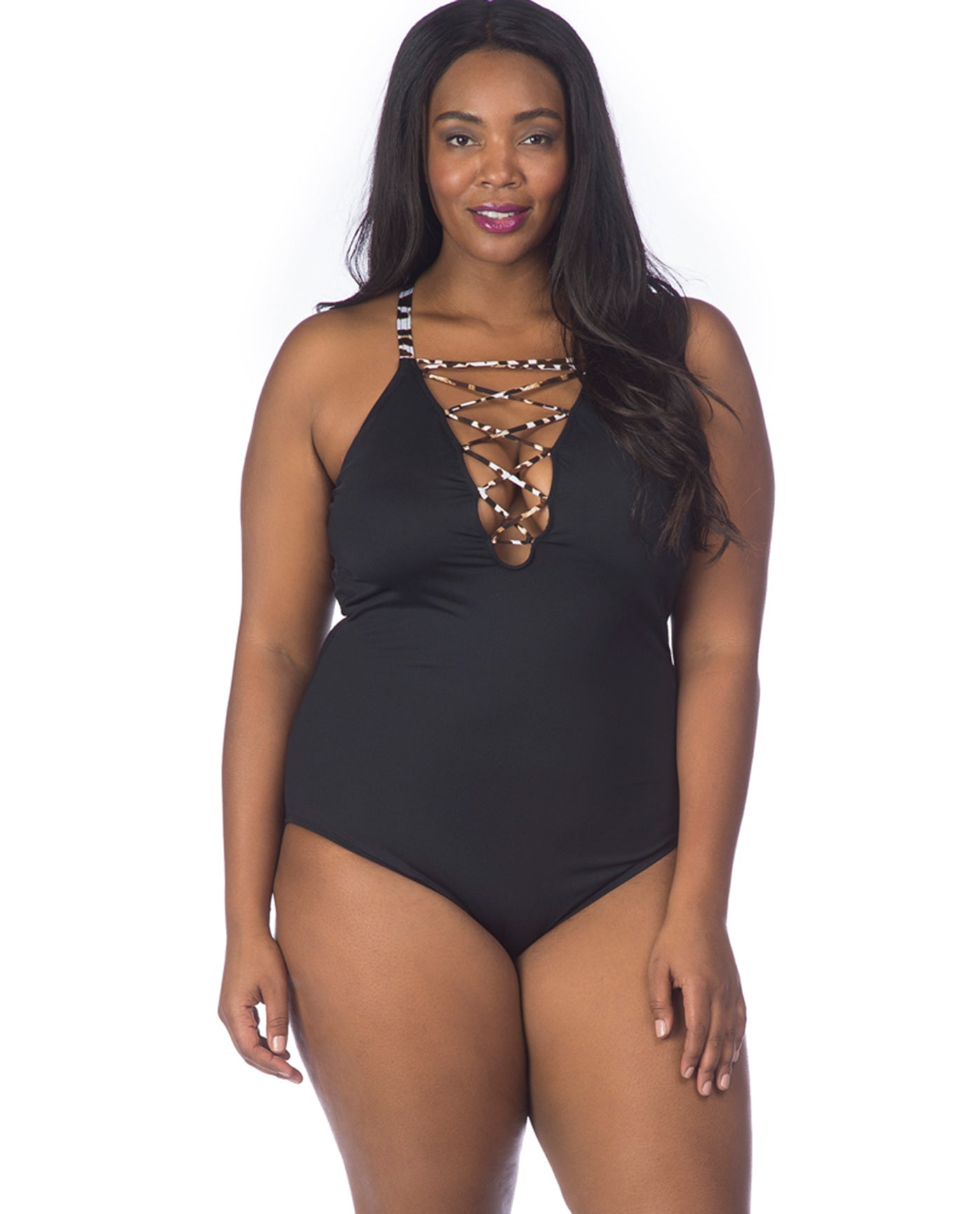 Front View Of La Blanca Wild Safari Plus Size High Neck Lace Up One Piece Swimsuit | LAB Wild Safari