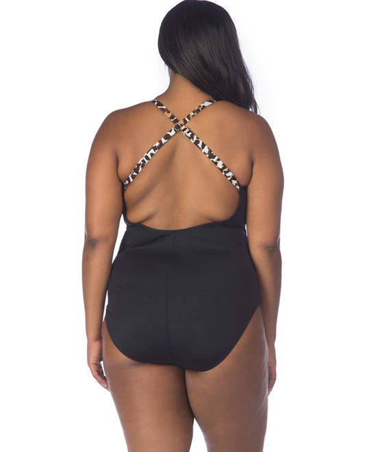 Back View Of La Blanca Wild Safari Plus Size High Neck Lace Up One Piece Swimsuit | LAB Wild Safari