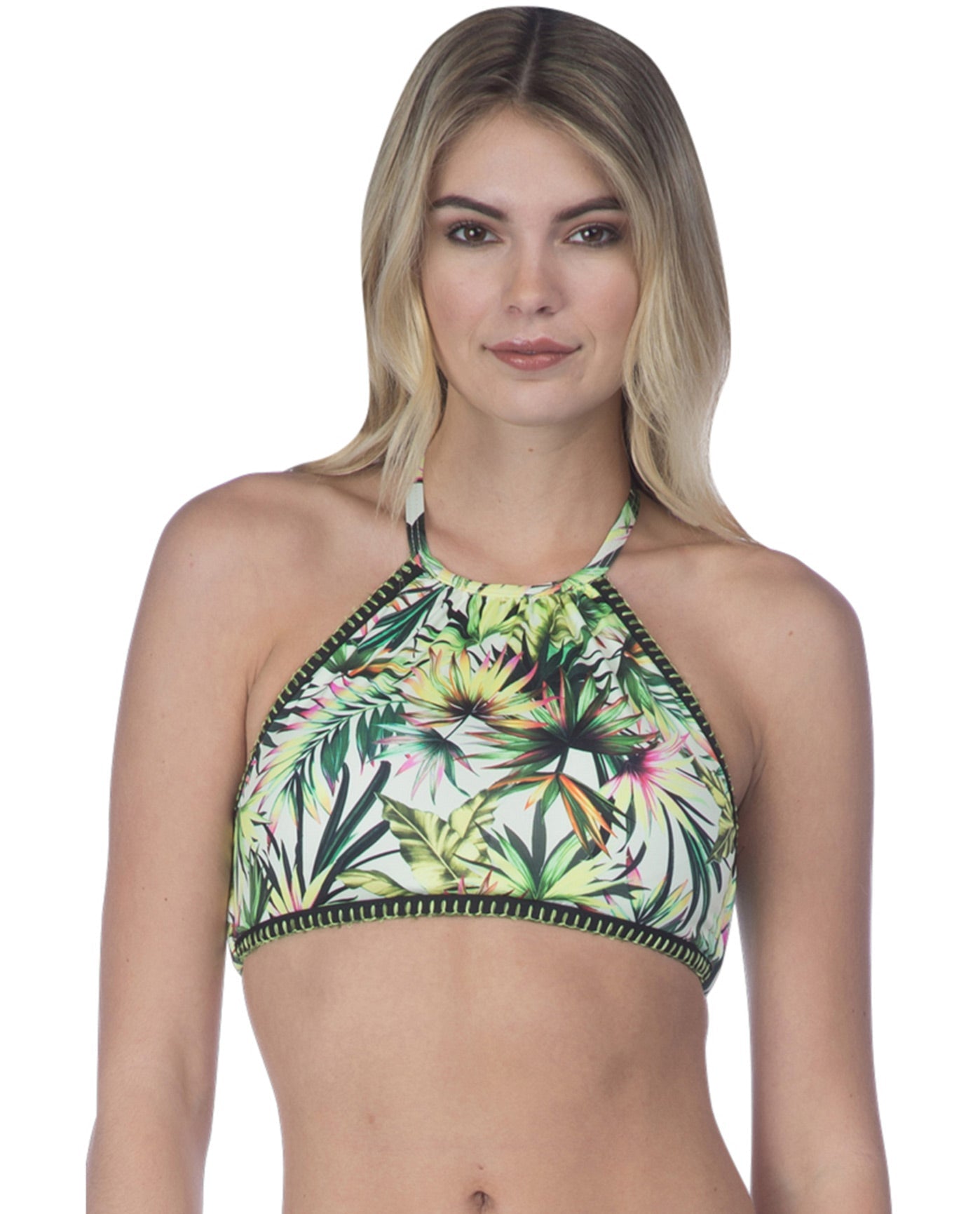 Front View Of Lucky Brand Coastal Palms High Neck Bikini Top | LKY Coastal Palms