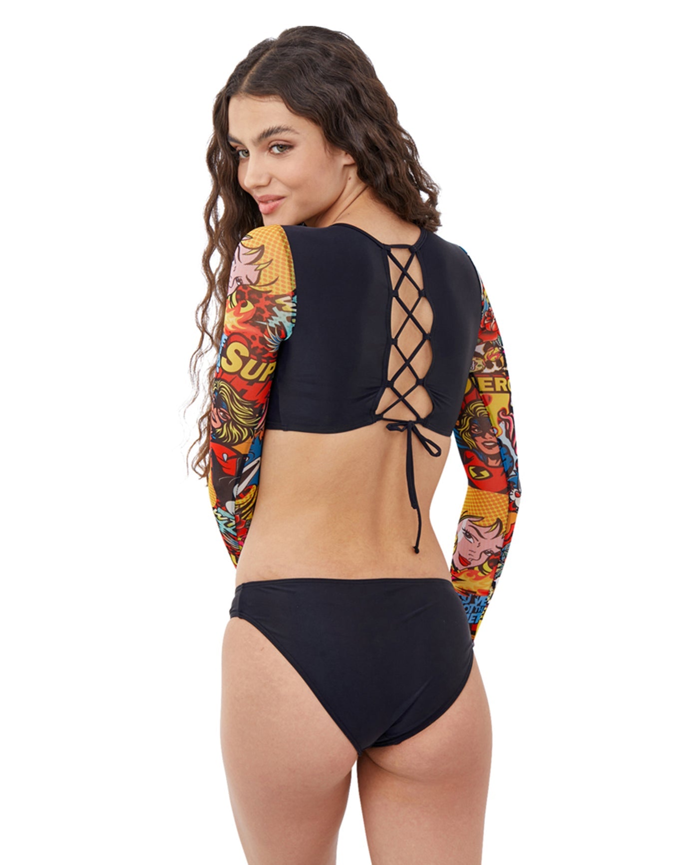 Back View Of Gottex Girls Superhero Long Sleeve Cropped Lace Up Rash Guard Top with Matching Bikini Bottom | GTK SUPERHERO