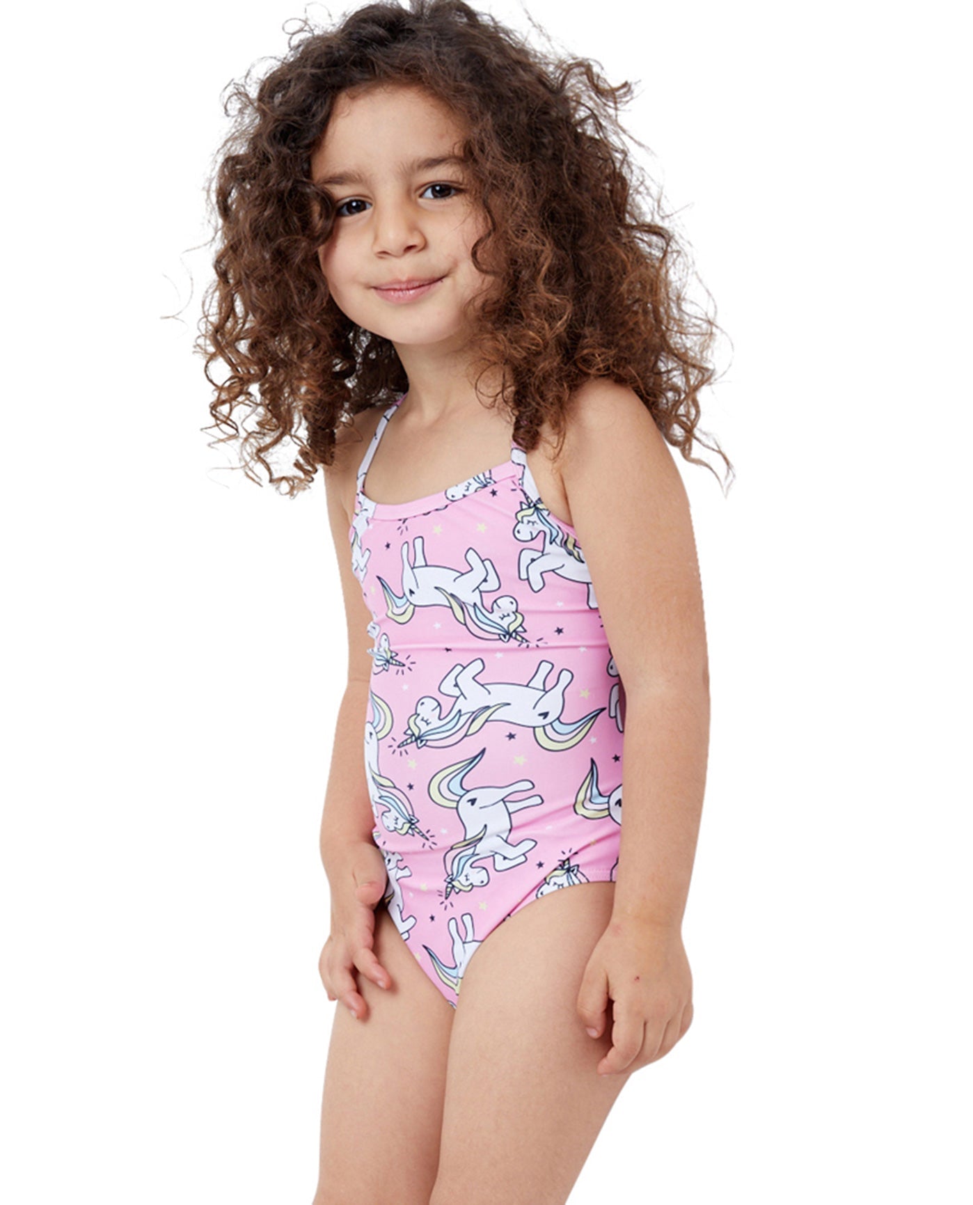 Side View Of Gottex Kids Pink Unicorns Round Neck One Piece Swimsuit | GTK PINK UNICORN