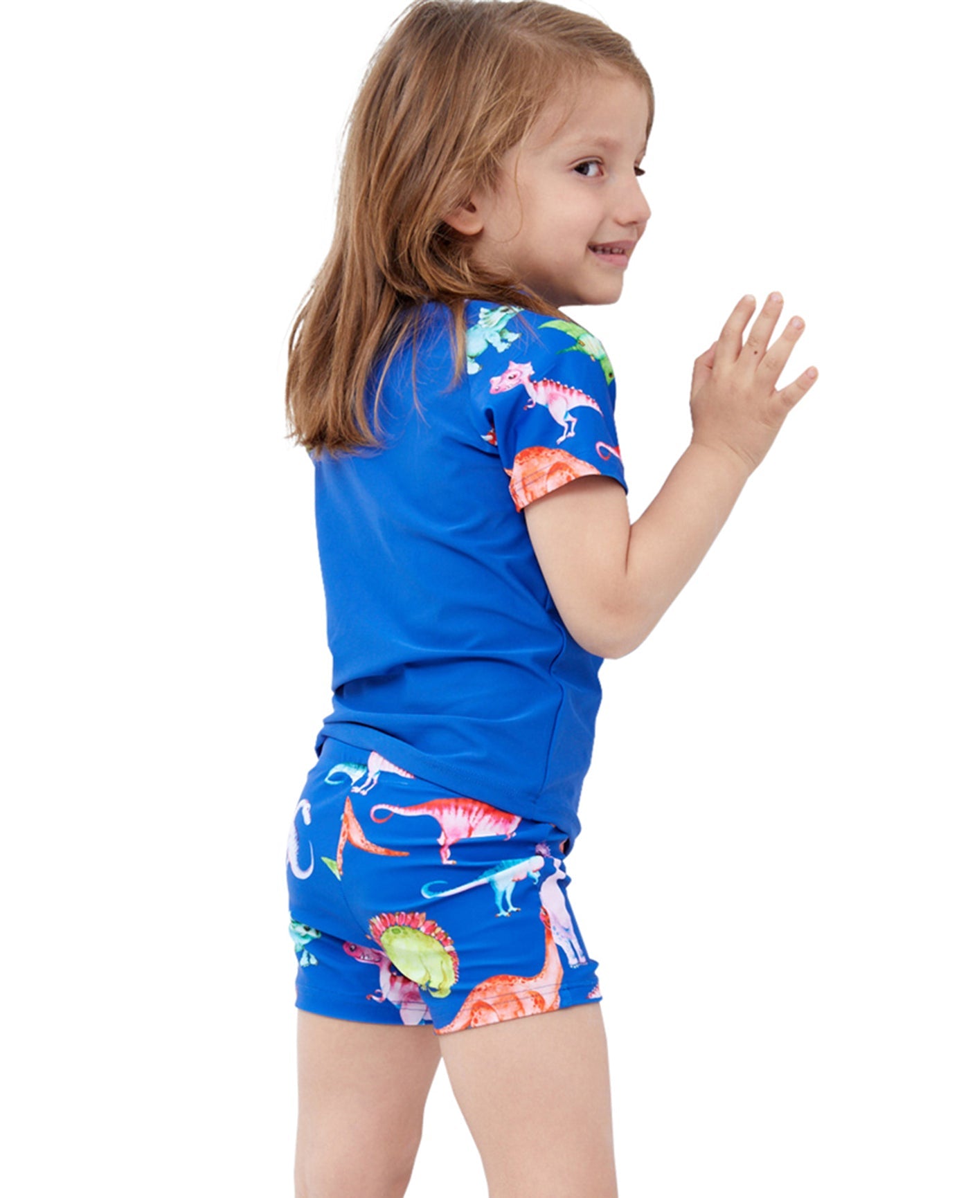 Back View Of Gottex Kids Blue Dinosaurs Short Sleeve Swim Shirt with Matching Swim Short | GTK DINOSAURS
