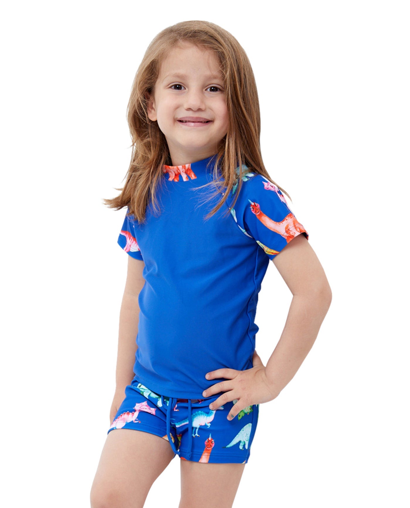 Side View Of Gottex Kids Blue Dinosaurs Short Sleeve Swim Shirt with Matching Swim Short | GTK DINOSAURS