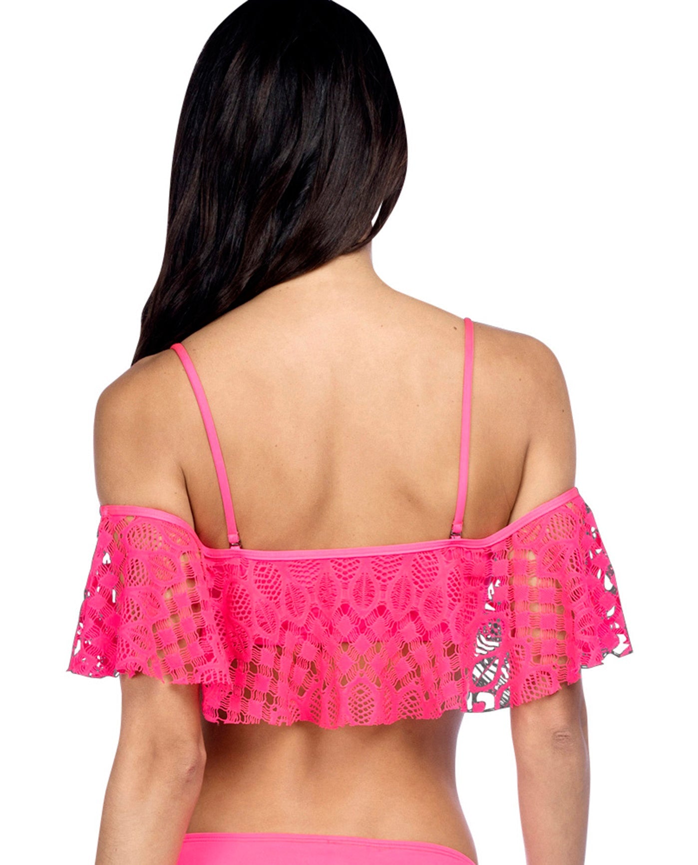 Back View Of Kenneth Cole Pink Crochet Off Shoulder Bandeau Bikini Top | KKC Pink
