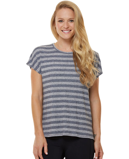 Front View Of Shape Heather Grey Stripe Boxy Tee | SHA Heather Grey Stripe