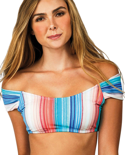 Front View Of Raisins Newport Stripe Off The Shoulder Island Bikini Top | RAI Newport Stripe