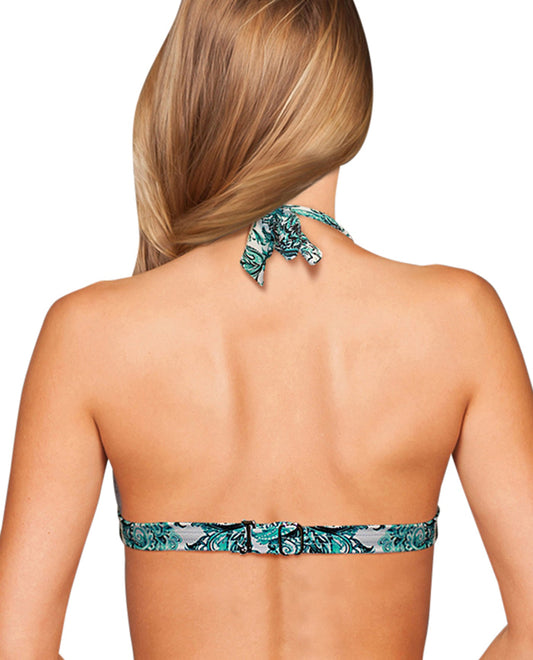 Back View Of Zali Peacock Bandana Plunge Triangle Halter Bikini Top | ZAL Peacock Bandana