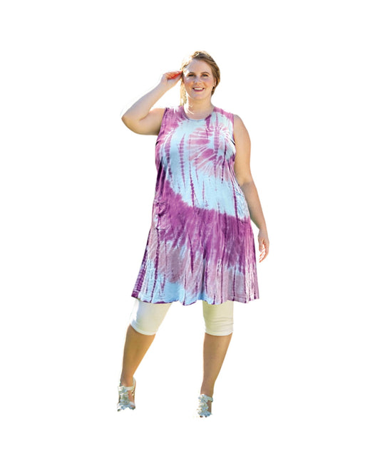 Front of Tie Dye Sleeveless 100% Cotton Ana Plus Size Tank Dress | 245 OTPS Purple Tie Dye