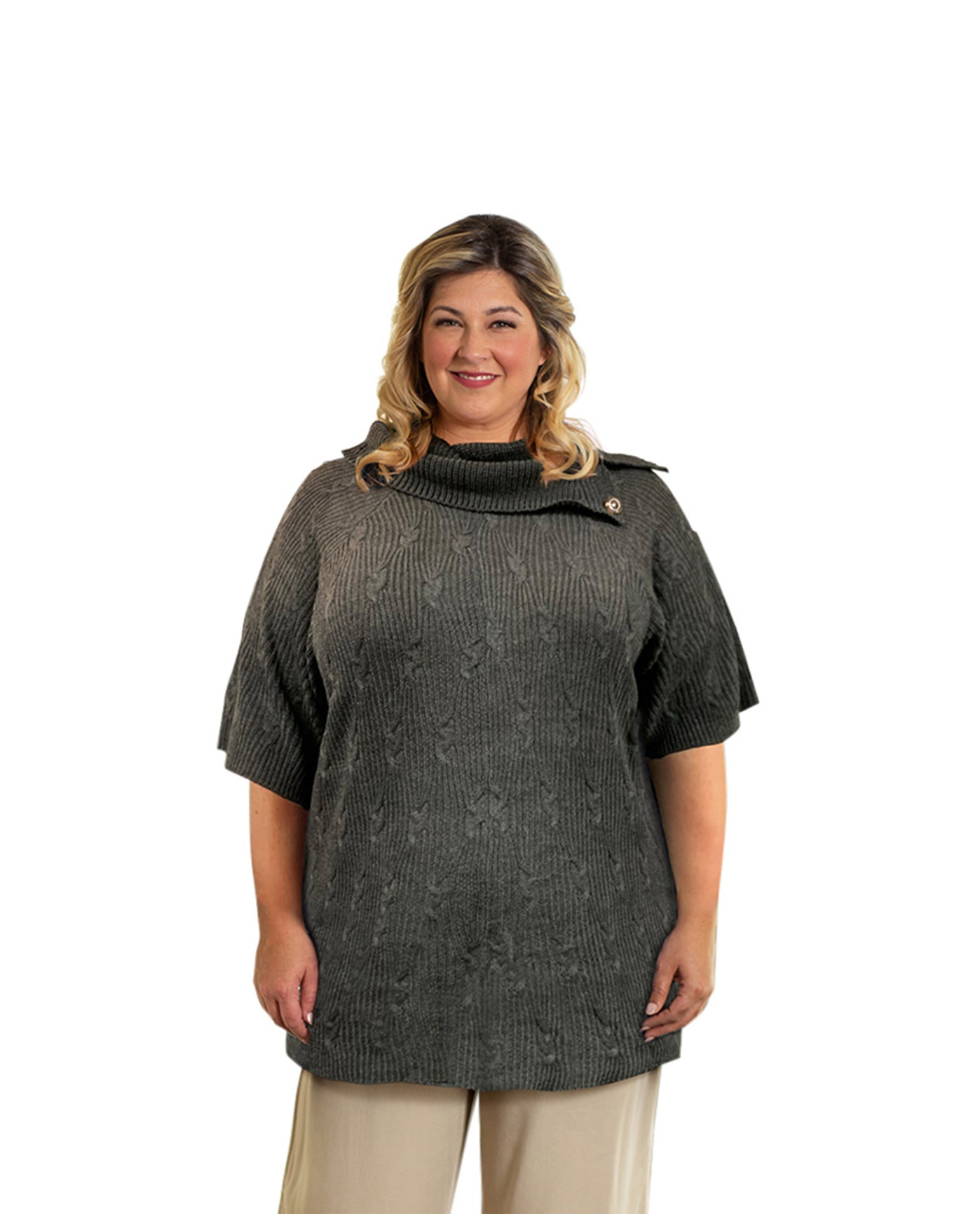 Front of Plus Size Button Cowl Neck Short Sleeve Tunic Sweater | 046 OTPS Dark Grey