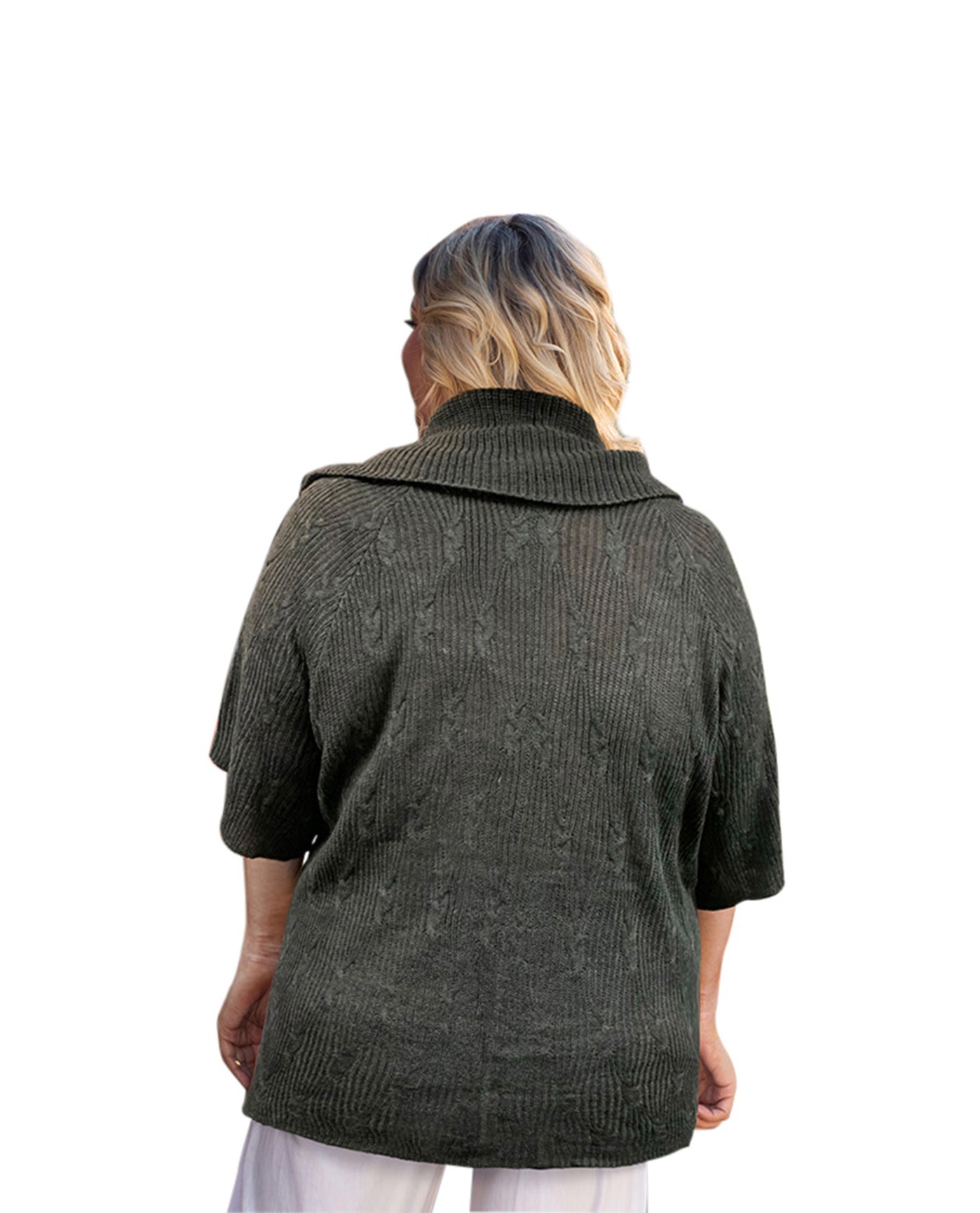 Back of Plus Size Button Cowl Neck Short Sleeve Tunic Sweater | 046 OTPS Dark Grey