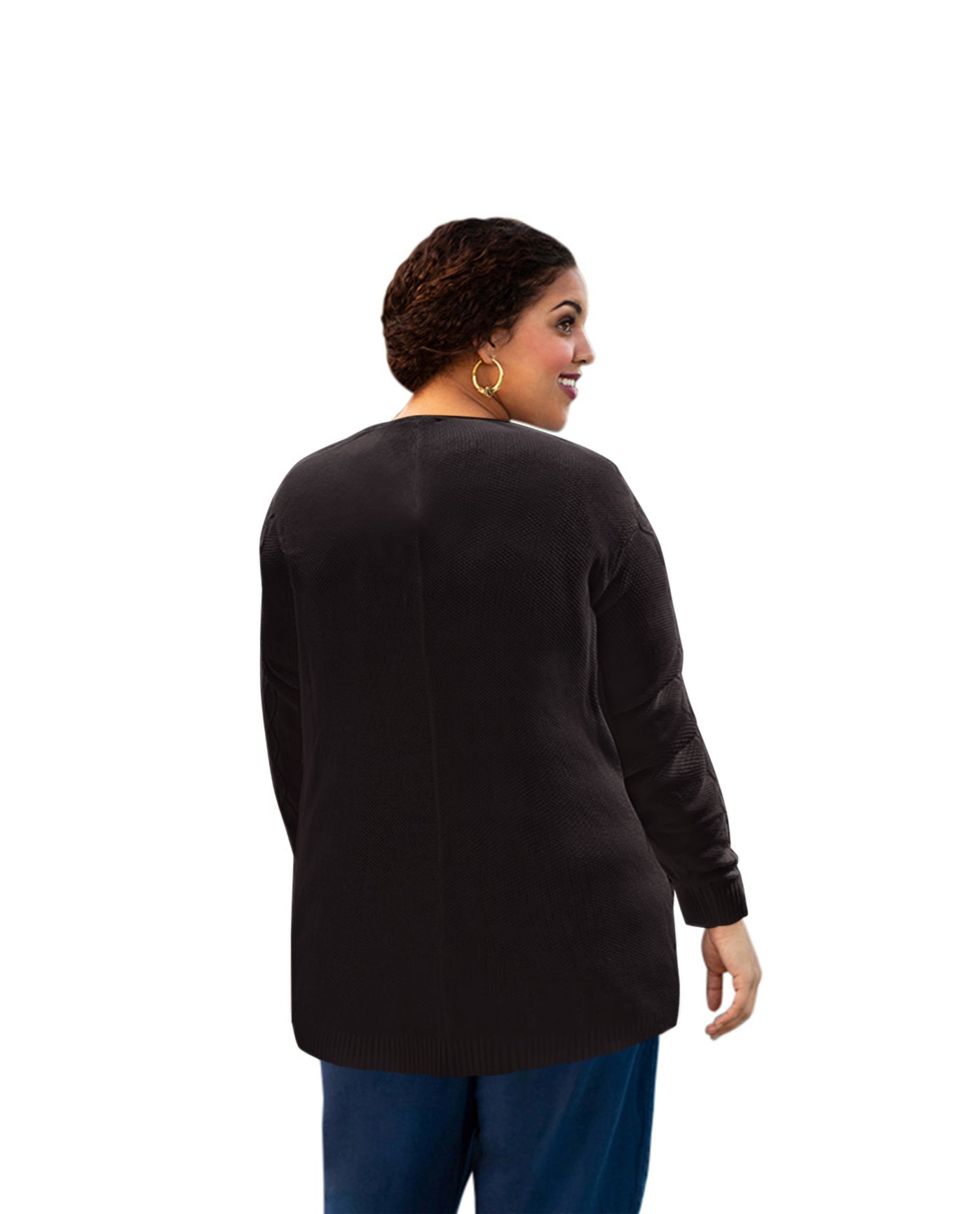 Back of Plus Size Cable Duster Sweater Cardigan | 001 OTPS Black