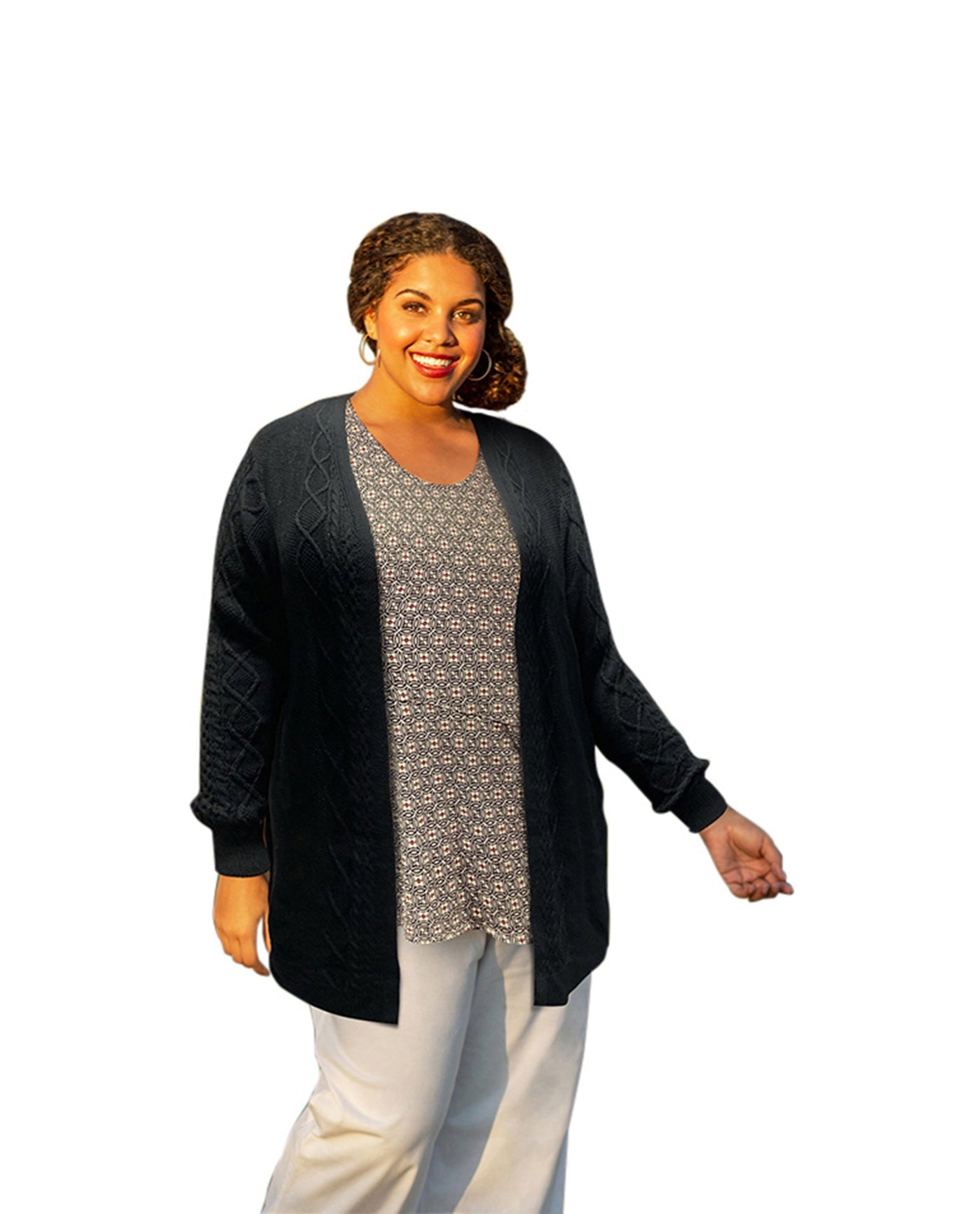 Front of Plus Size Cable Duster Sweater Cardigan | 001 OTPS Black