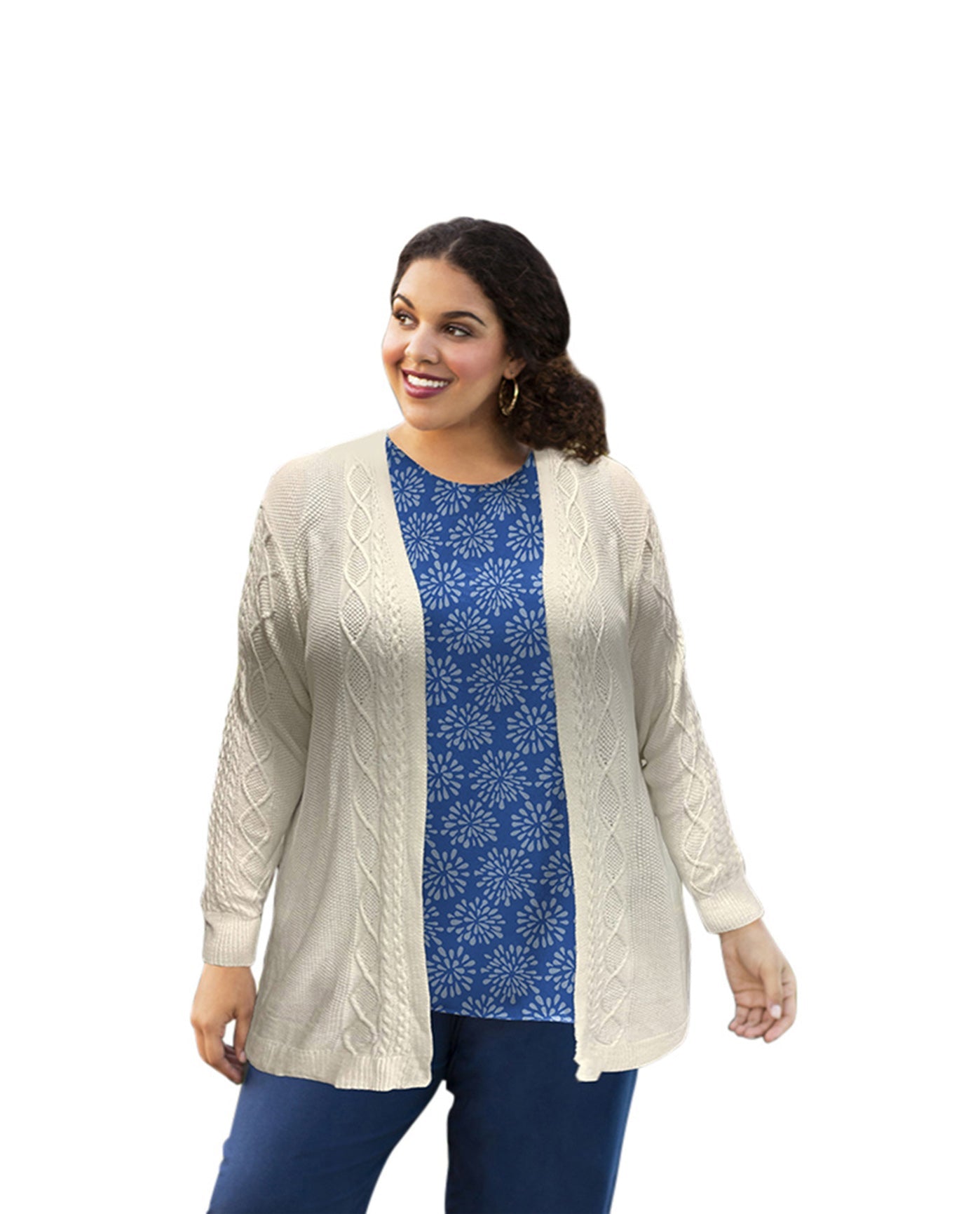 Front of Plus Size Cable Duster Sweater Cardigan | 017 OTPS Cream