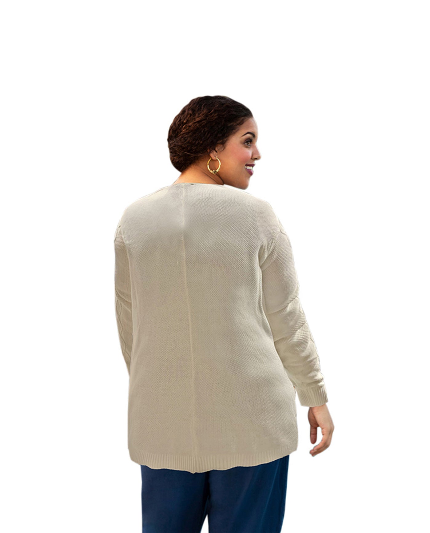 Back of Plus Size Cable Duster Sweater Cardigan | 017 OTPS Cream