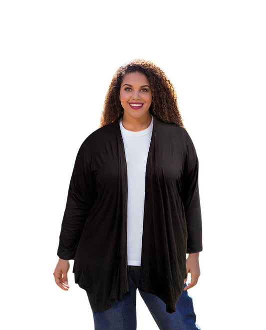 Front of Plus Size Long Sleeve Draped Cardigan | 001 OTPS Black