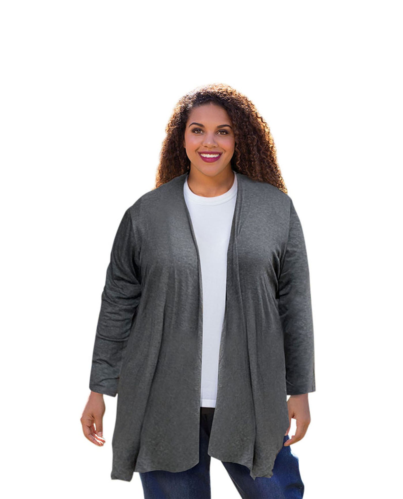 Front of Plus Size Long Sleeve Draped Cardigan | 050 OTPS Heather Grey